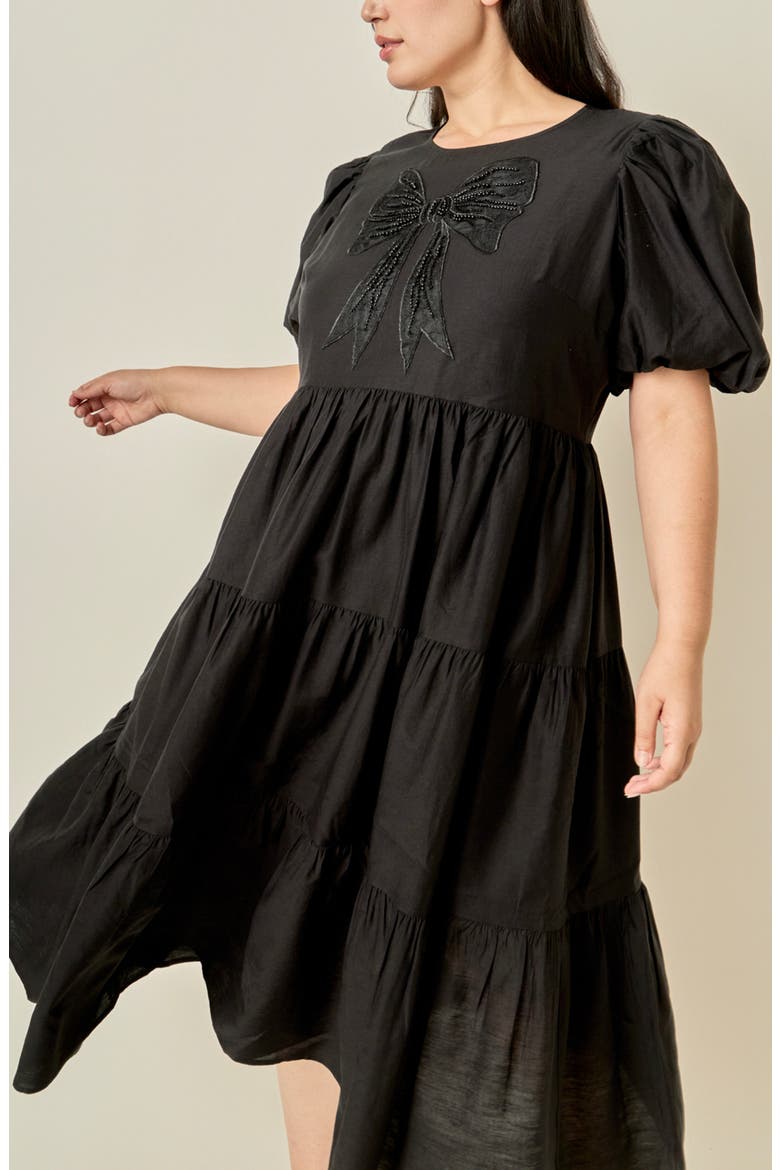 Bow Puff Sleeve Midi Dress, Alternate, color, BLACK
