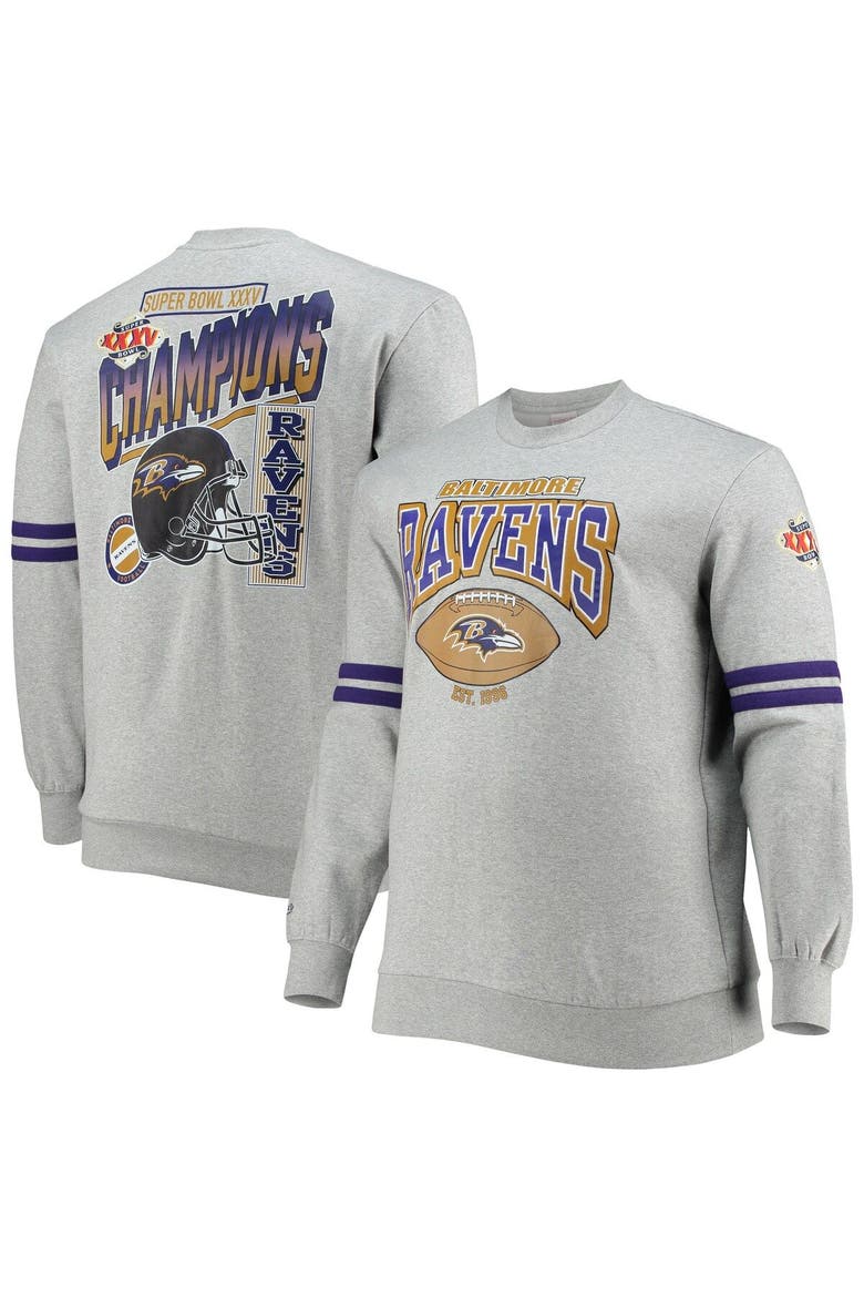 Men's Mitchell & Ness Heathered Gray Baltimore Ravens Big & Tall Allover Print Pullover Sweatshirt, Main, color, Heather Gray