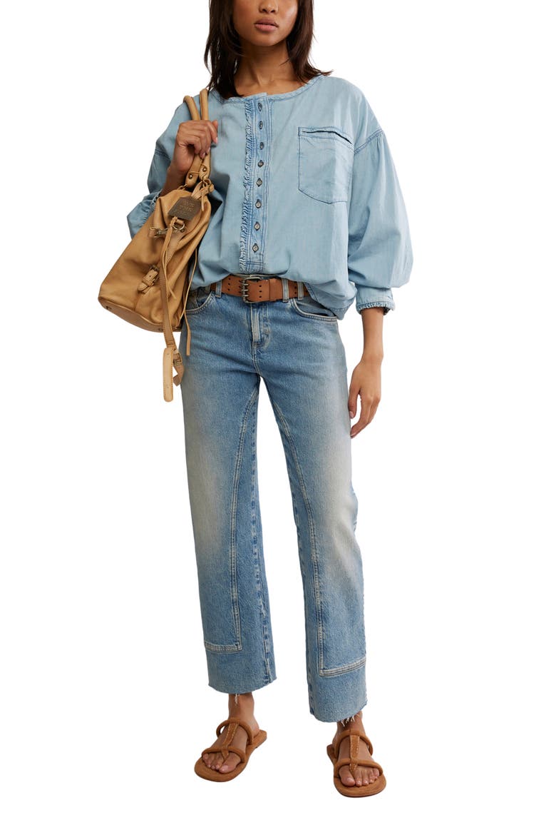 Dreaming Ruffle Oversize Chambray Shirt, Alternate, color, SO SOFT LIGHT WASH