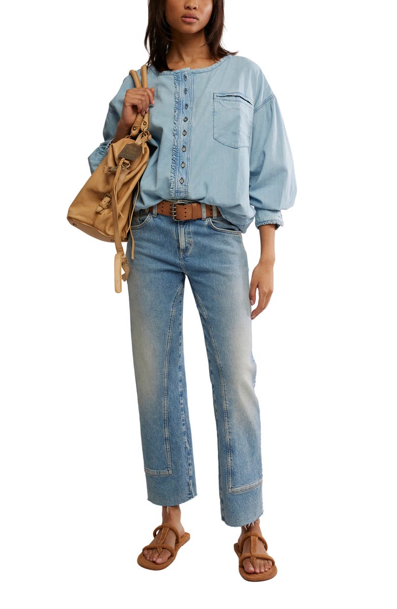 Free People Dreaming Ruffle Oversize Chambray Shirt, Alternate, color, So Soft Light Wash