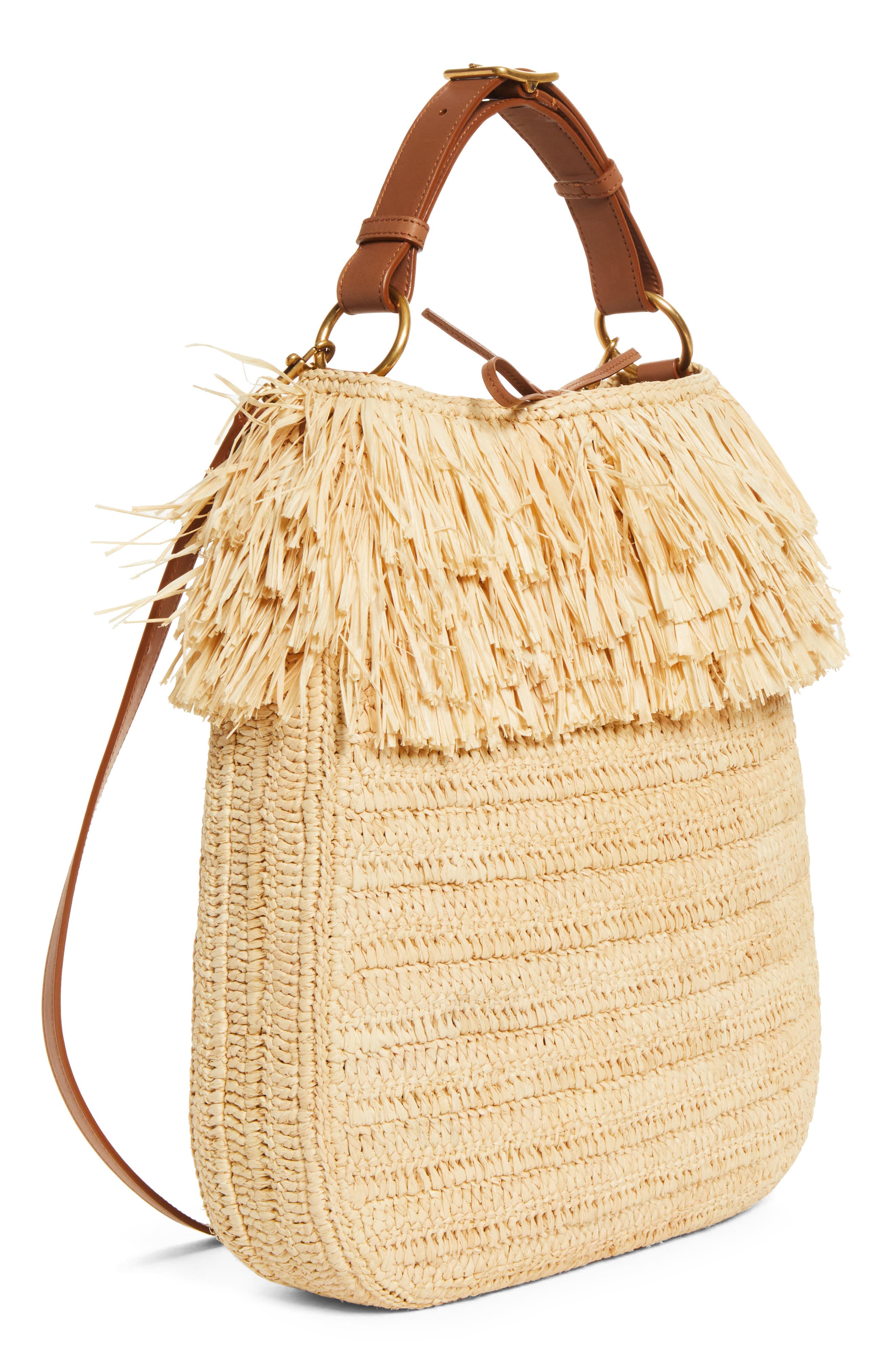 Saint Laurent Roady Fringed Raffia Shoulder Bag11324121, Alternate, color, 2791 Pale Brown/ Brick