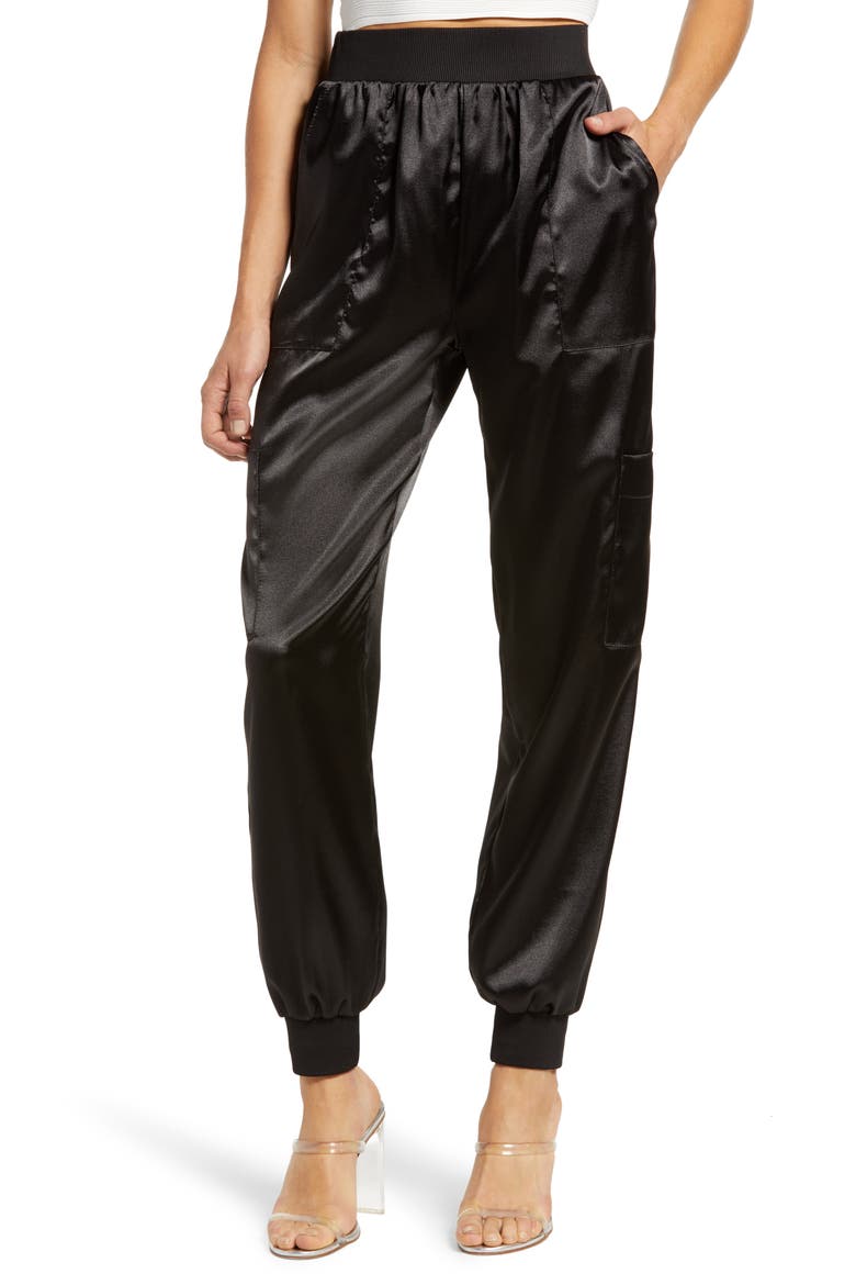 Satin Cargo Joggers, Main, color, BLACK