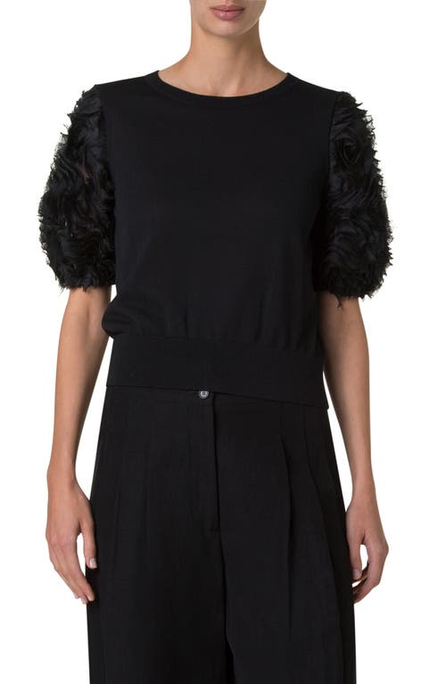 Akris Punto 3d Floral Puff Sleeve Knit Top In Black