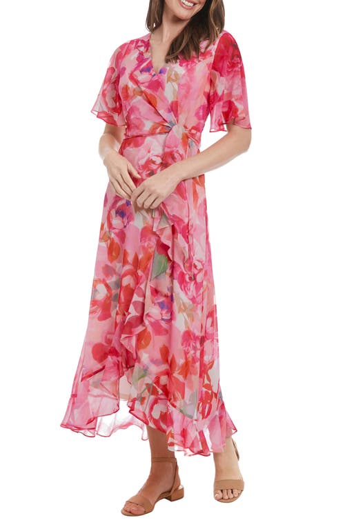London Times Floral Short Sleeve Faux Wrap Chiffon Maxi Dress In Ivory/fuchsia