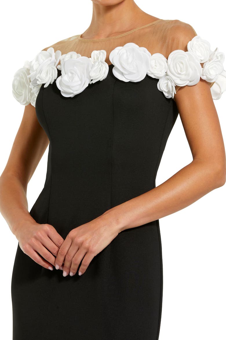 Stretch Crepe Mermaid Gown With 3D Flowers, Alternate, color, Black Cream