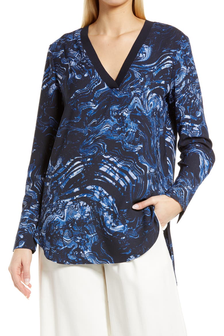 Rib Trim Woven Top, Main, color, NAVY- BLUE WOODLAND MARBLE