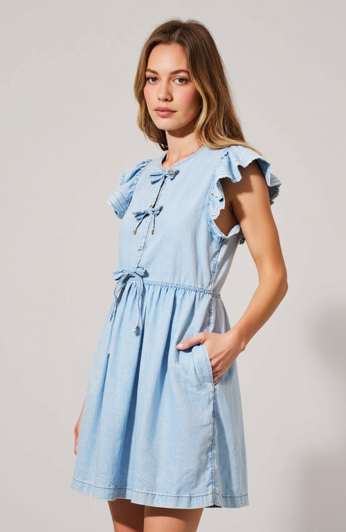 Modenaire Sleeveless Ruffle Denim Mini Dress With Bow-tie Front In Blue