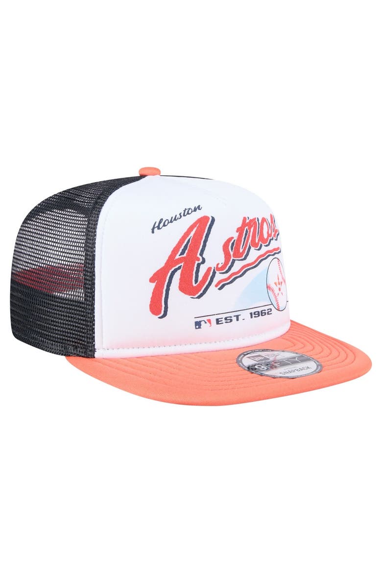 Men's New Era White/Orange Houston Astros Retro Script Trucker 9FIFTY Snapback Hat, Alternate, color, White