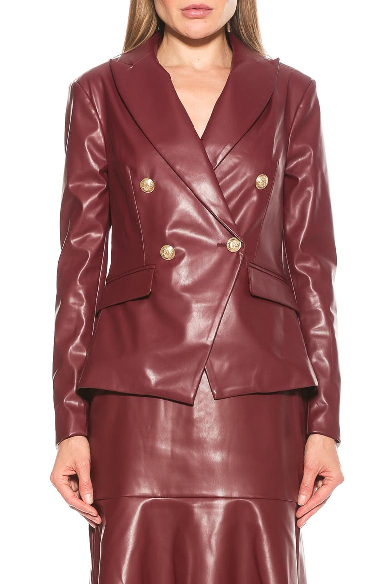 Faux Leather Double-Breasted Peak Lapel Blazer, Main, color, BURGUNDY