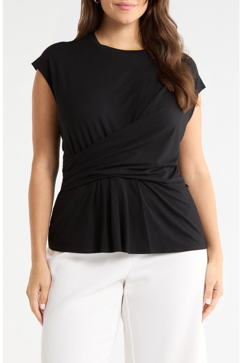 Cap Sleeve Drape Front Top, Main, color, BLACK