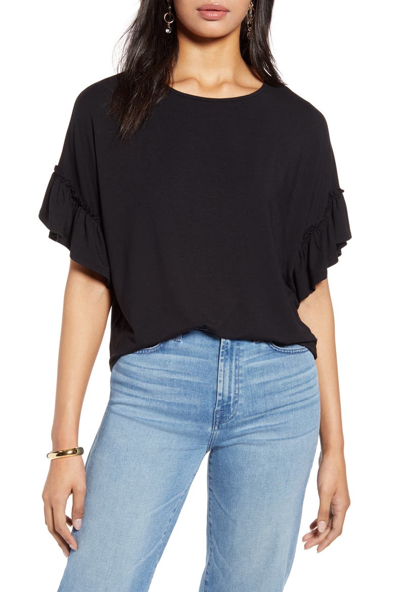 Ruffle Sleeve Top, Main, color, BLACK