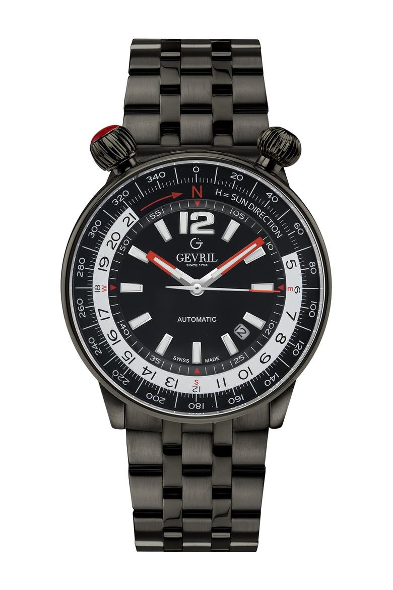 Men's Gevril Wallabout Black Dial Black PVD Watch, 44mm, Main, color, GUNMETAL