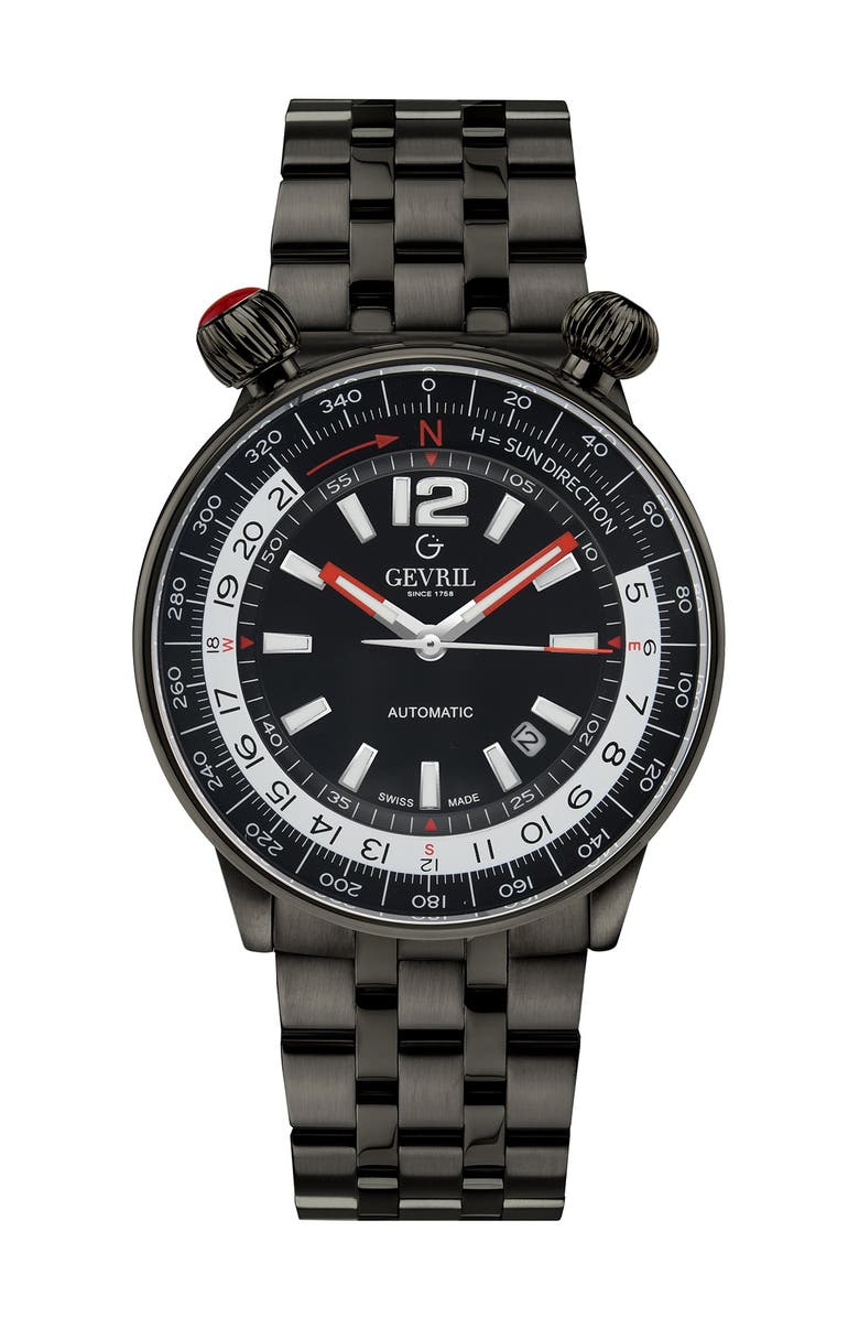 GEVRIL Men's Gevril Wallabout Black Dial Black PVD Watch, 44mm, Main, color, Gunmetal