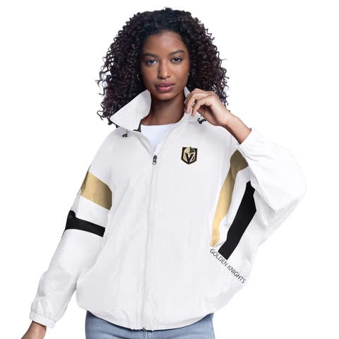 Women's G-III Sports by Carl Banks  White Vegas Golden Knights Game News Oversized Full-Zip Hoodie Jacket