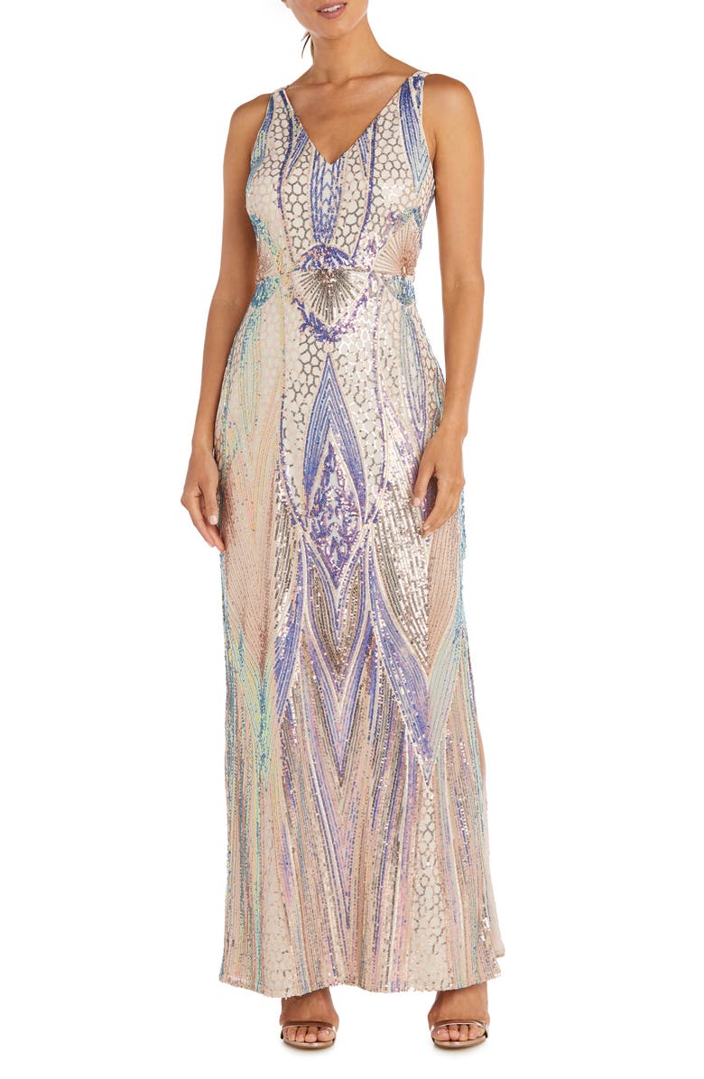Nightway Deco Sequins Sleeveless Gown, Main, color, 
