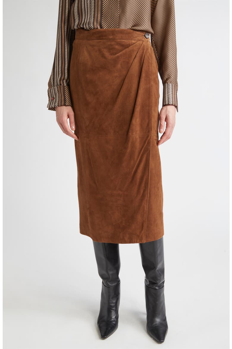 Jerez Goatskin Suede Wrap Midi Skirt, Main, color, TOBACCO