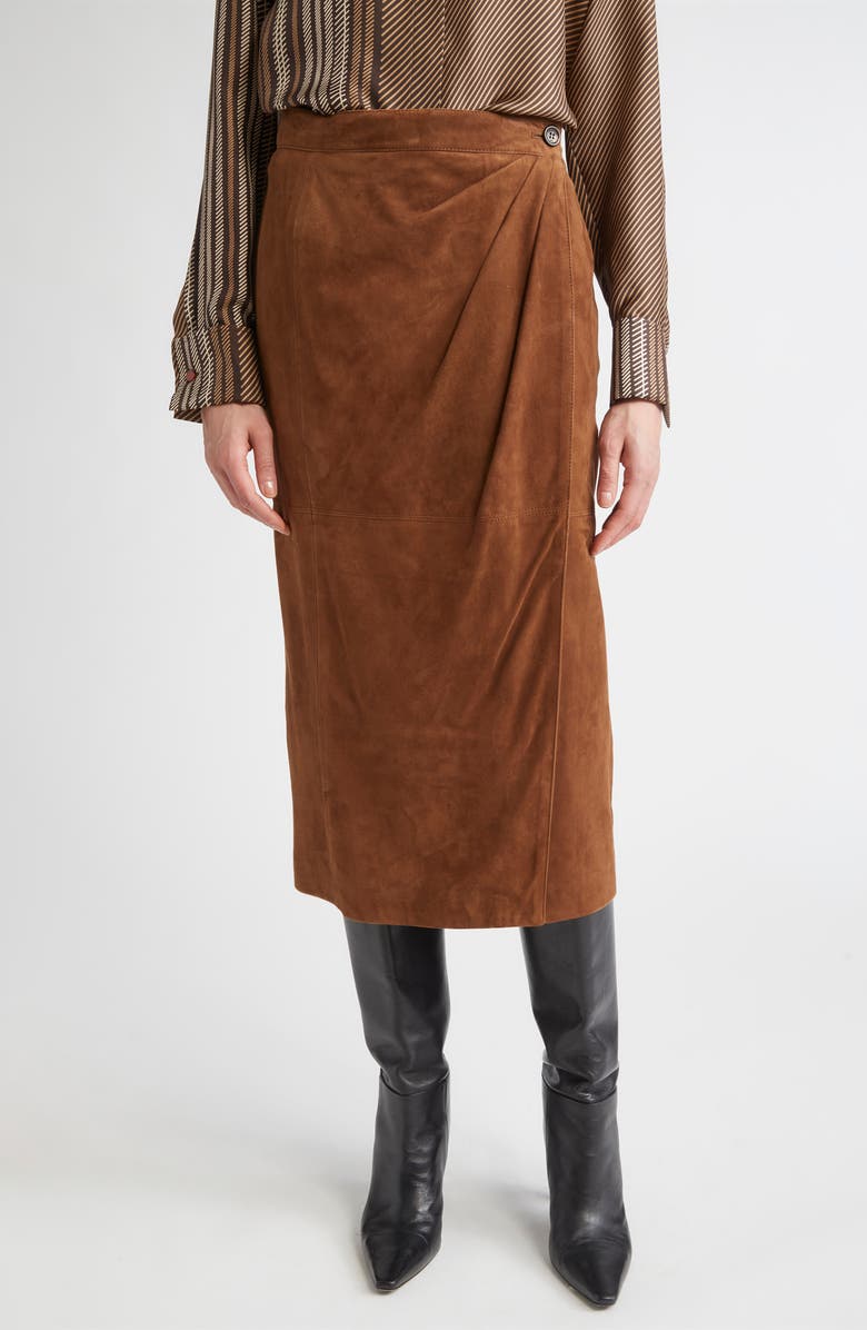 Max Mara Jerez Goatskin Suede Wrap Midi Skirt, Main, color, Tobacco