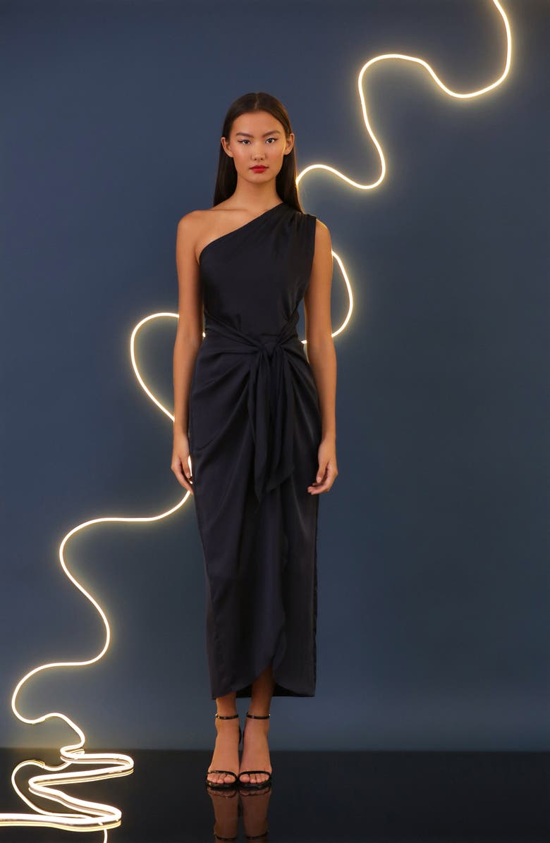 Donna Morgan Draped Skirt One-Shoulder Dress, Alternate, color, Twilight Navy