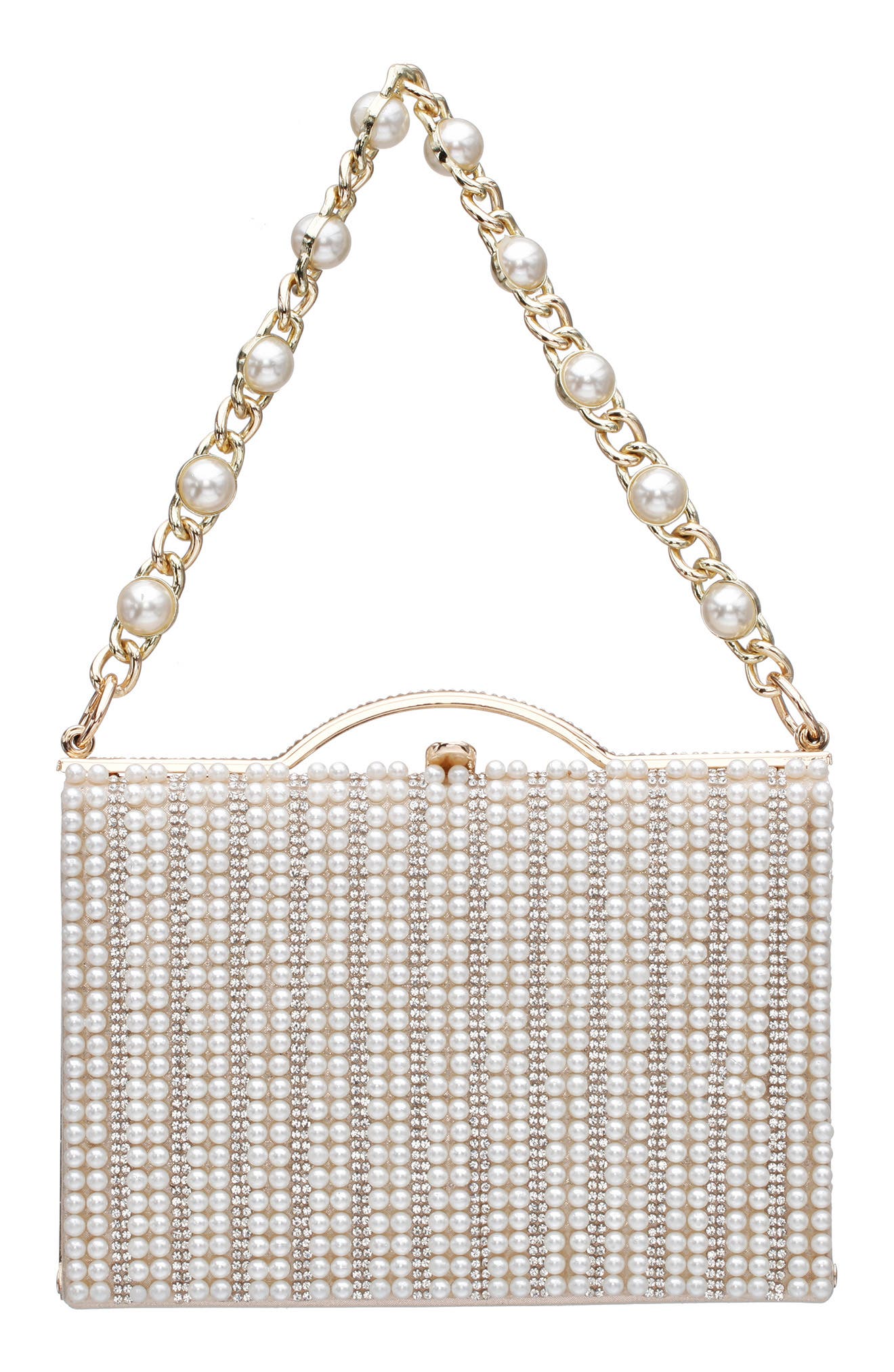 Nina Issa White Imitation Pearl & Crystal Clutch, Main, color, White-Gold