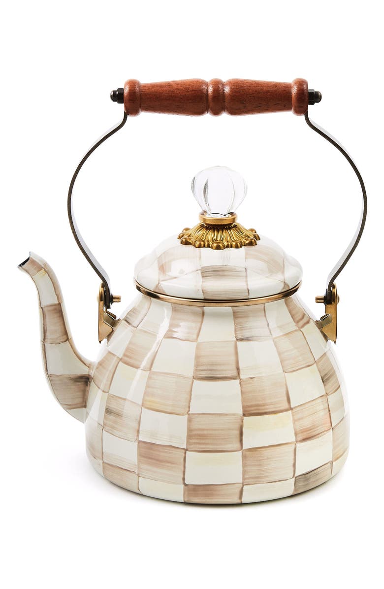 MACKENZIE CHILDS Mocha Check Enameled Steel 2-Quart Tea Kettle, Main, color, 
