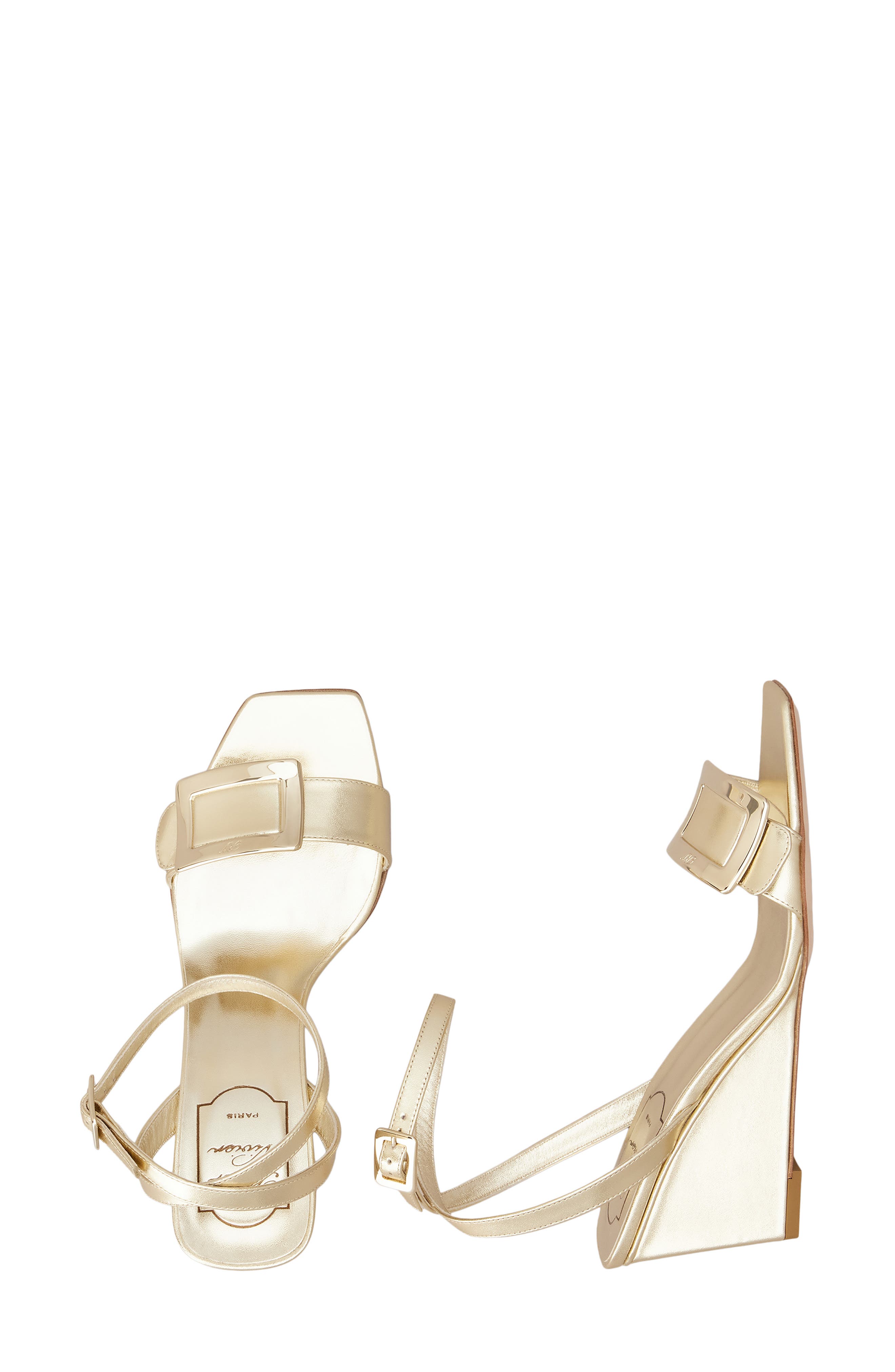 Roger Vivier Belle Vivier Metallic Ankle Strap Wedge Sandal, Alternate, color, Gold