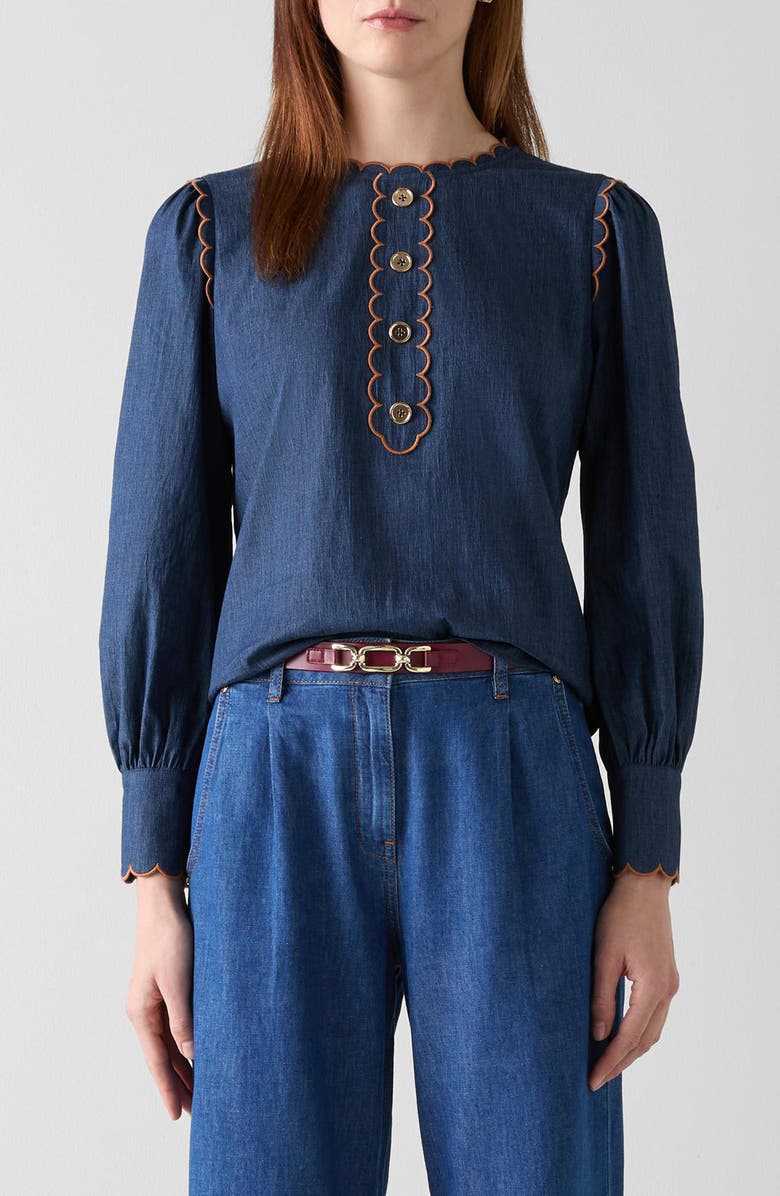 LK Bennett Jenny Scallop Denim Top, Main, color, Indigo
