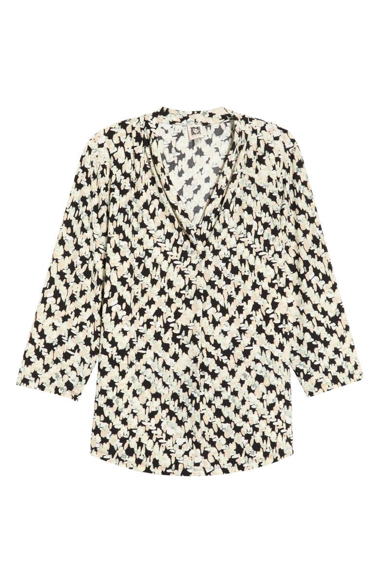 AK ANNE KLEIN Print Pleat Three-Quarter Sleeve Top, Alternate, color, Anne Black/ Beige Multi