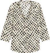 AK ANNE KLEIN Print Pleat Three-Quarter Sleeve Top