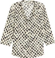 AK ANNE KLEIN Print Pleat Three-Quarter Sleeve Top