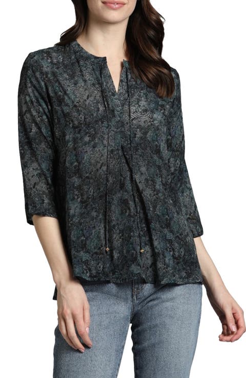 Print Tassel Split Neck Chiffon Top