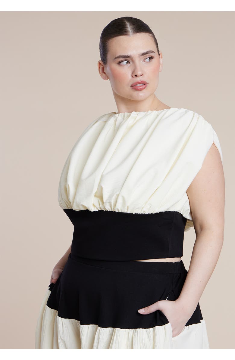 ELOQUII Combo Fabric Draped Top, Alternate, color, Black White