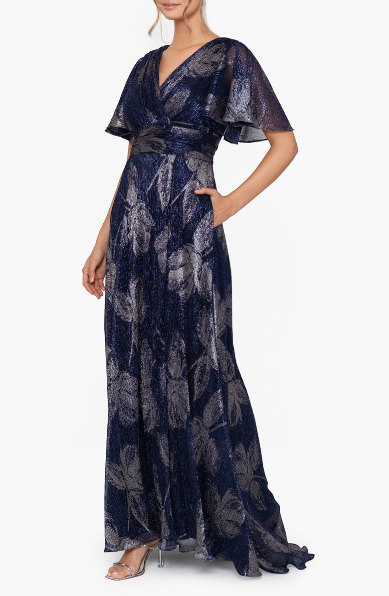 Betsy & Adam Foil Print Flutter Sleeve Gown, Alternate, color, 