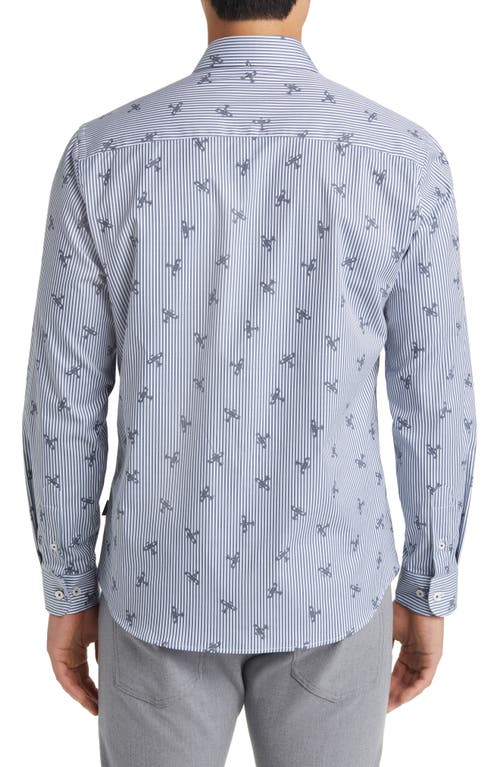 Stone Rose Dry Touch® Stripe Plane Print Performance Sateen Button-up Shirt In Navy