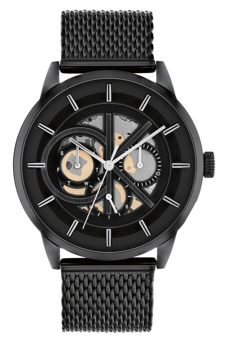 CK Brave Mesh Strap Watch, 43mm, Main, color, BLACK