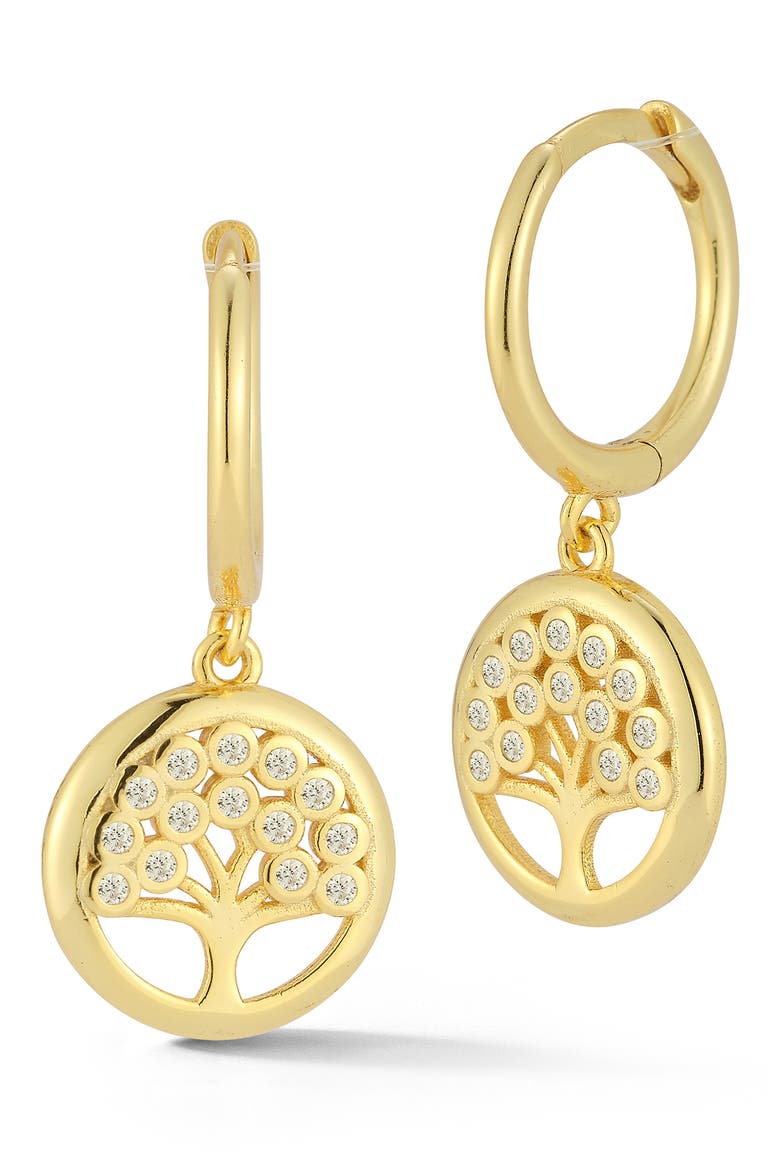 Cubic Zirconia Tree of Life Drop Huggie Hoop Earrings, Main, color, GOLD