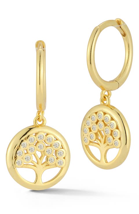 Cubic Zirconia Tree of Life Drop Huggie Hoop Earrings