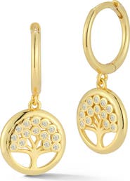 GLAZE JEWELRY Cubic Zirconia Tree of Life Drop Huggie Hoop Earrings