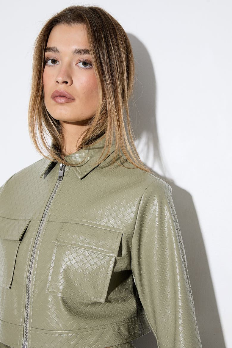 Woven Detail Faux Leather Jacket, Alternate, color, Olive