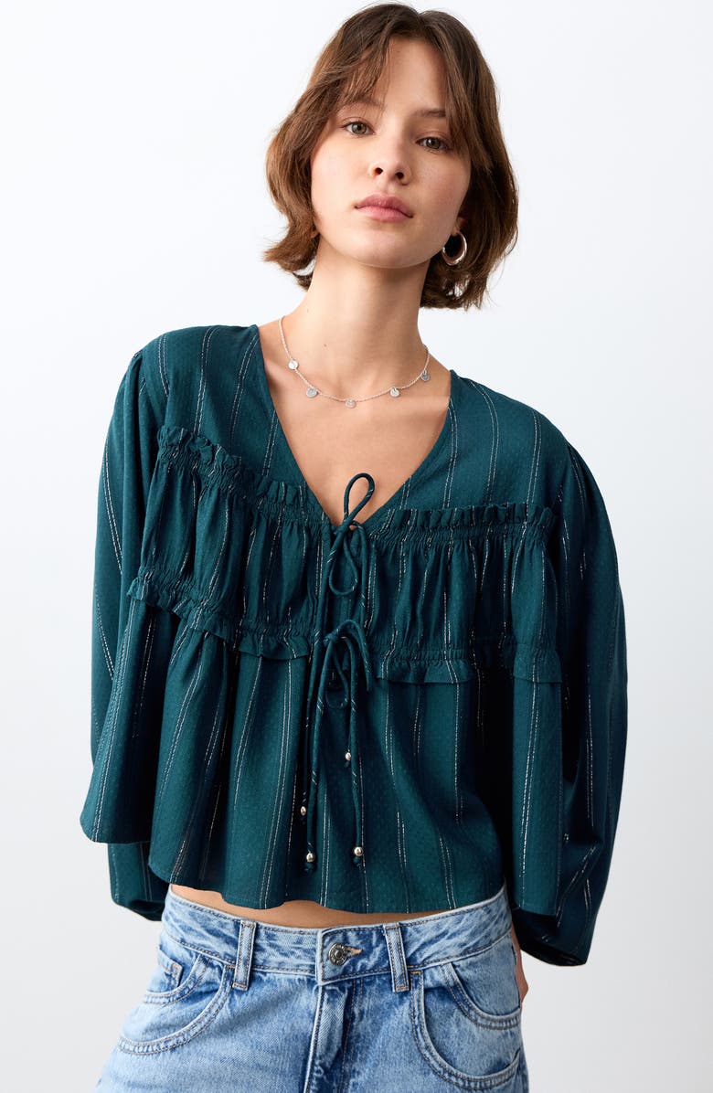 MANGO TEEN Metallic Stripe Bow Top, Alternate, color, Petrol Blue