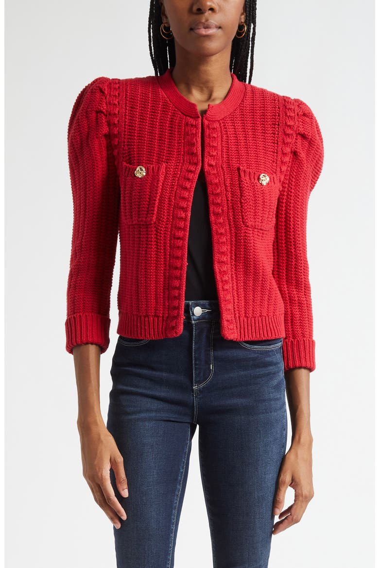 Delli Juliet Sleeve Cotton Blend Cardigan, Main, color, ENGINE RED/ GOLD