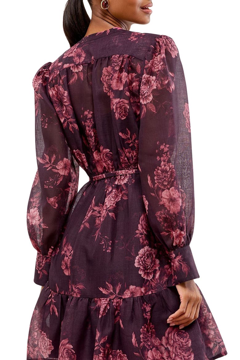 Rose Tie Belt Long Sleeve Minidress, Alternate, color, PINK MULTI