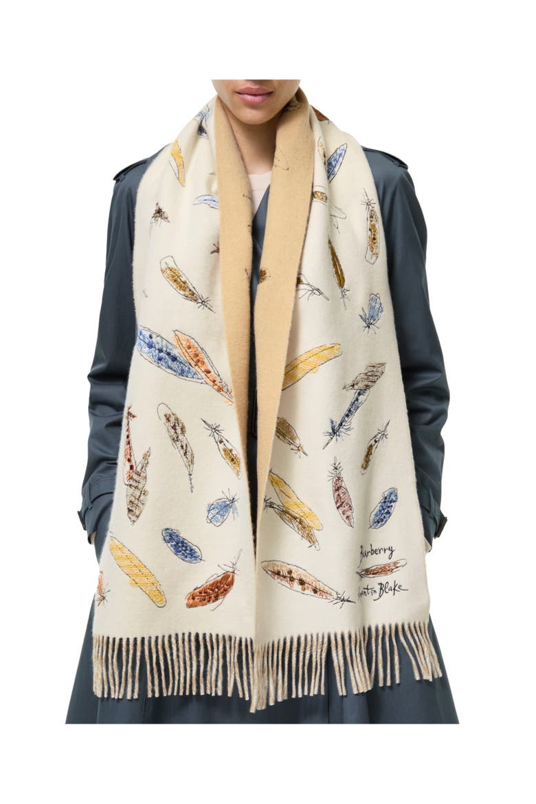 Feather Print Cashmere Scarf, Alternate, color, Sand beige