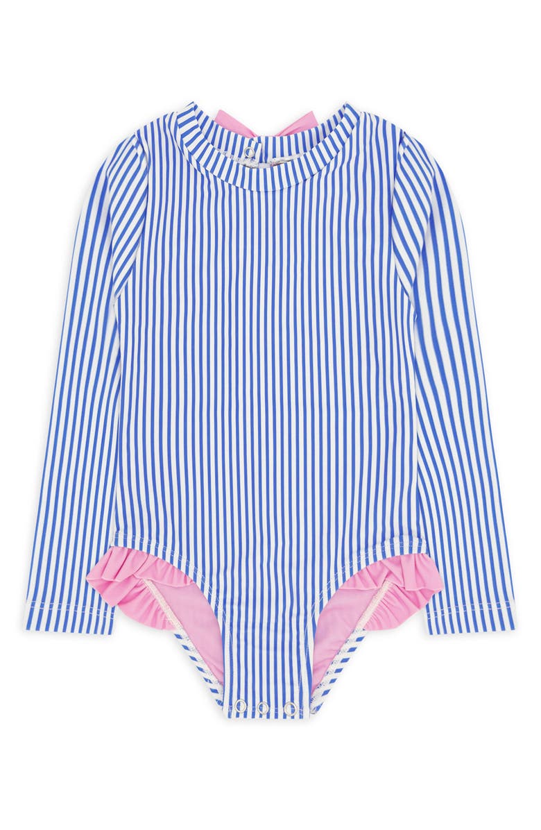 Feather 4 Arrow Kids' Coastal Cutie Stripe UPF 50+ One-Piece Rashguard Swimsuit, Main, color, Marina Blue