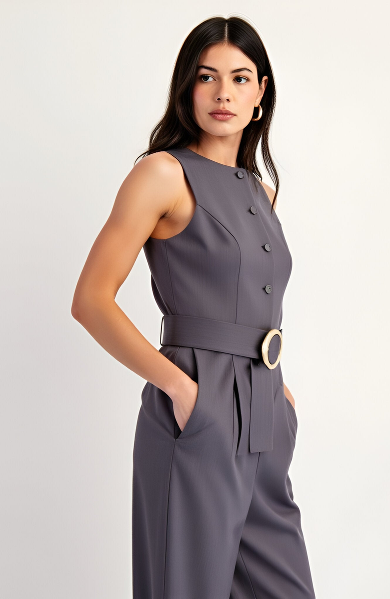 Modenaire Sleeveless Tailored Top with Covered Buttons and Statement Belt, Alternate, color, 
