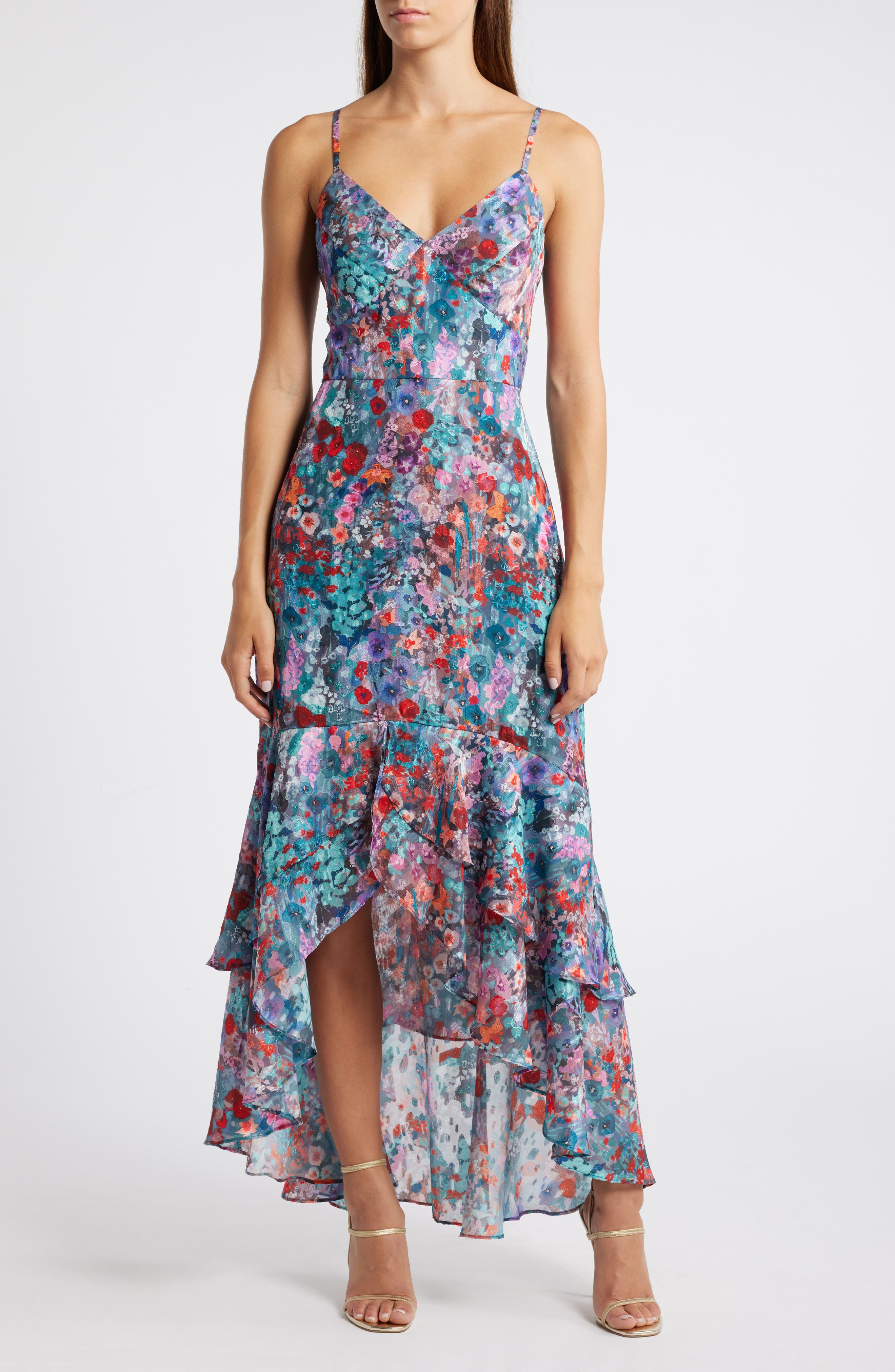 Hutch Floral Ruffle High-Low Dress in Aqua/Orange Floral 