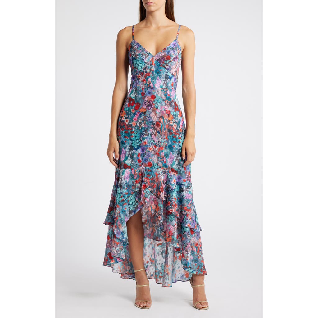 Hutch Floral Ruffle High-Low Dress in Aqua/Orange Floral