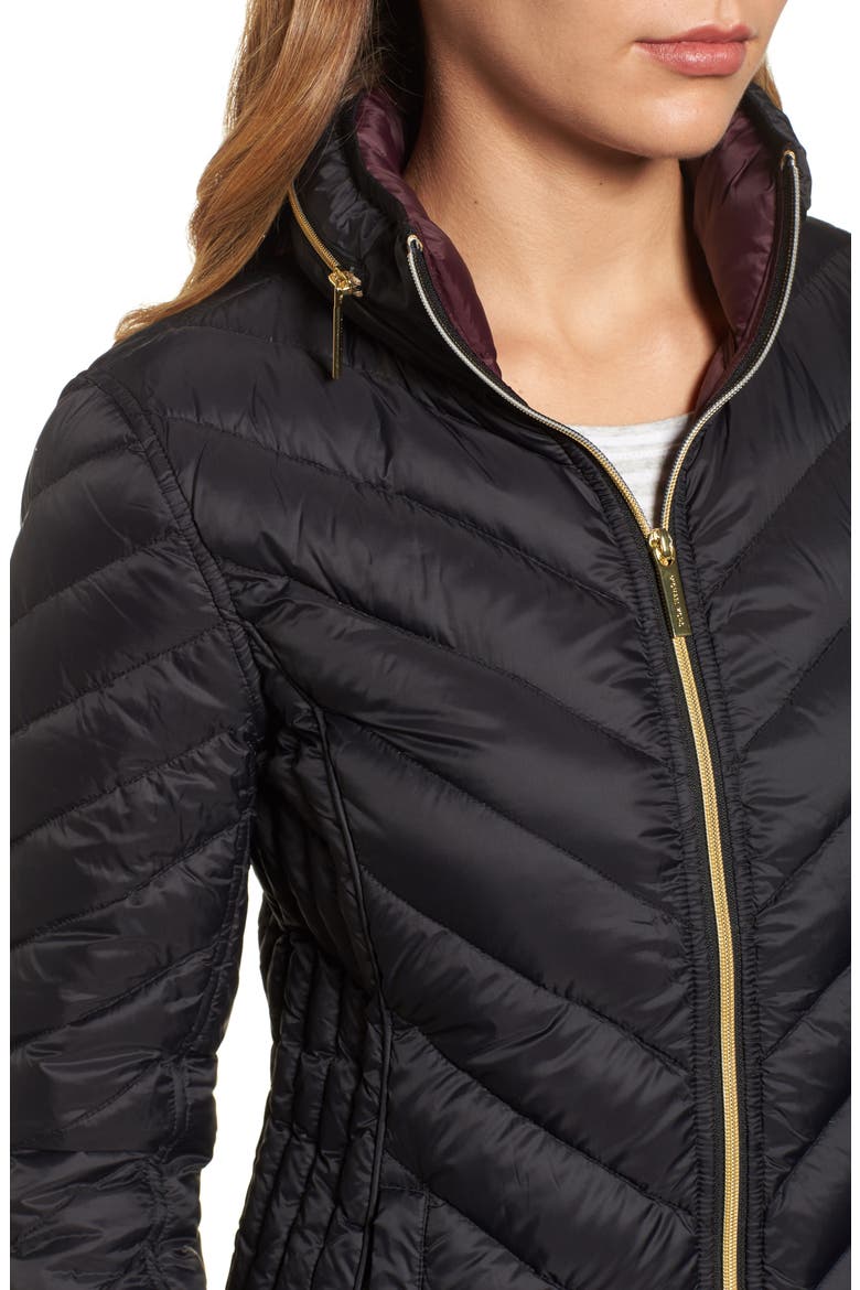 Chevron Quilted Packable Down Puffer Jacket with Stowaway Hood, Alternate, color, BLACK