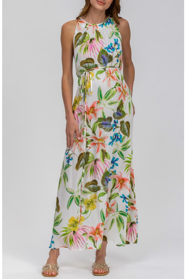 Floral Print Halter Neck Sleeveless Maxi Maternity Dress, Main, color, NATURAL