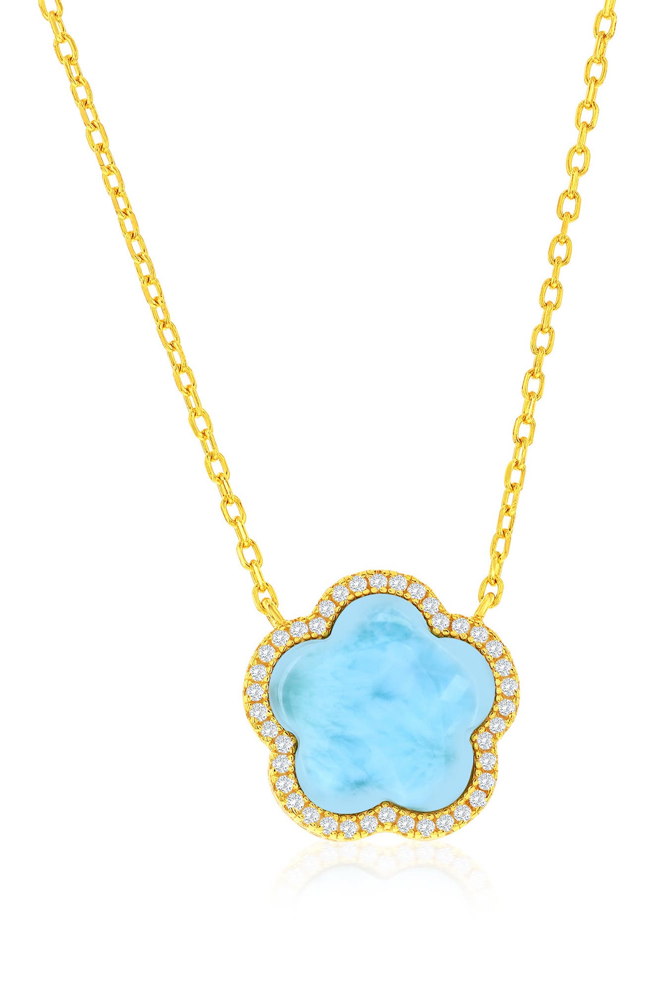 SIMONA Larimar & Cubic Zirconia Halo Flower Pendant Necklace