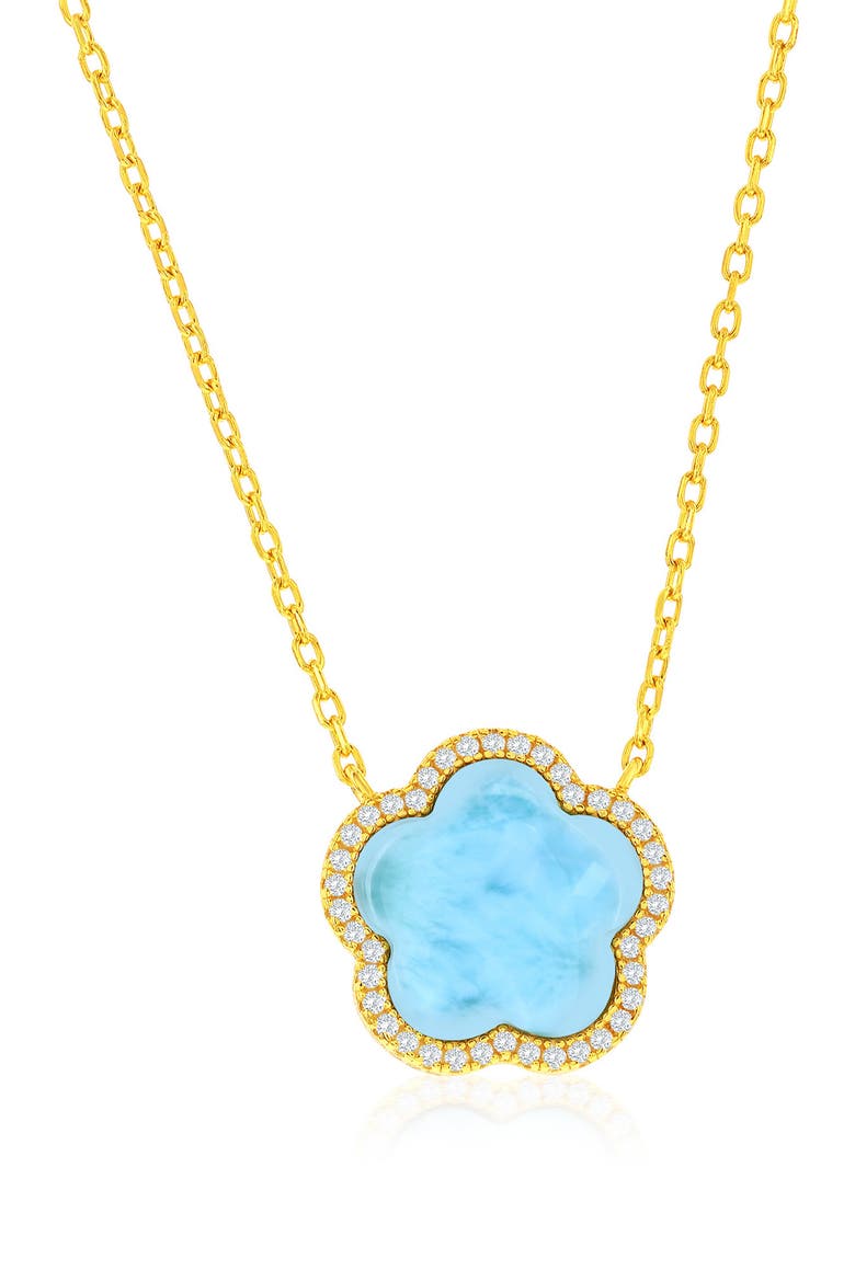 Larimar & Cubic Zirconia Halo Flower Pendant Necklace, Main, color, BLUE